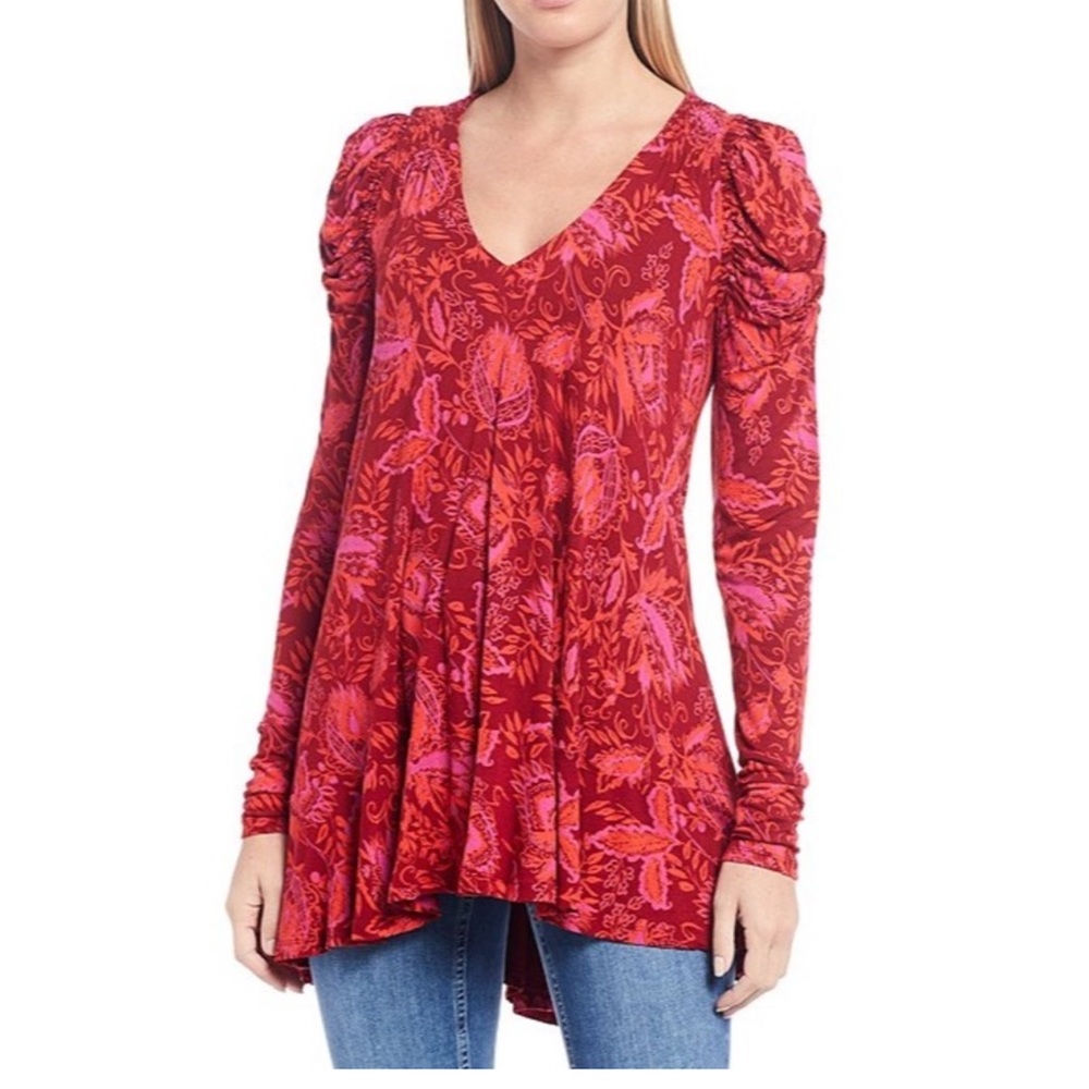 Free People Red and Pink Floral Tunic